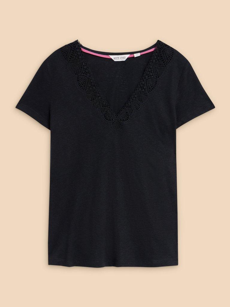 Ellie Linen Blend Lace Tee in PURE BLK - FLAT FRONT