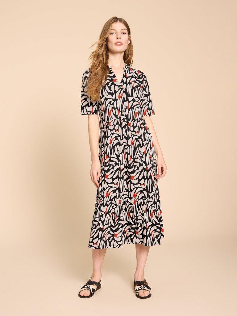 Naya Jersey Printed Tiered Dress in BLK MLT - LIFESTYLE