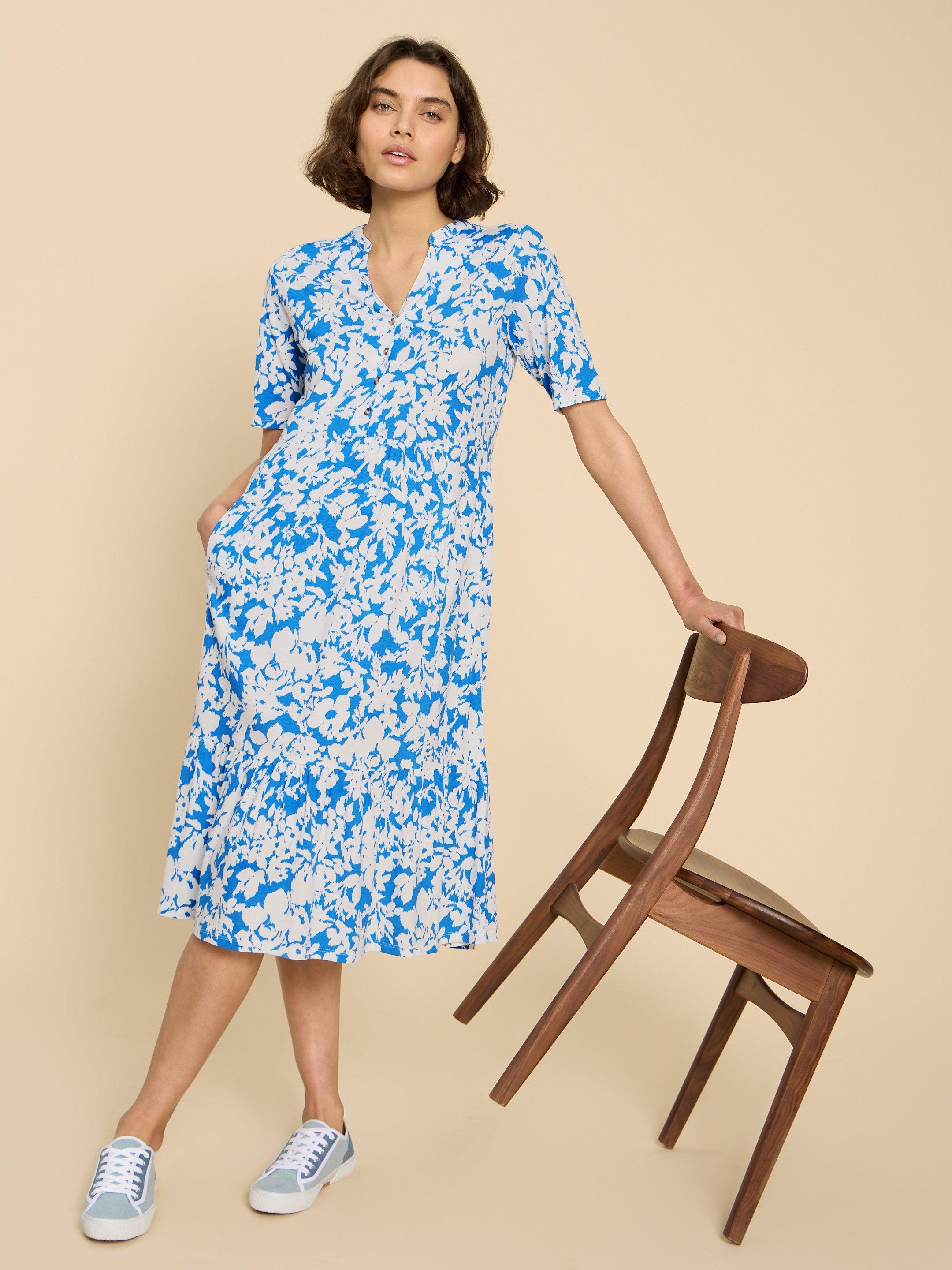 Naya Jersey Printed Tiered Dress in BLUE MLT - LIFESTYLE