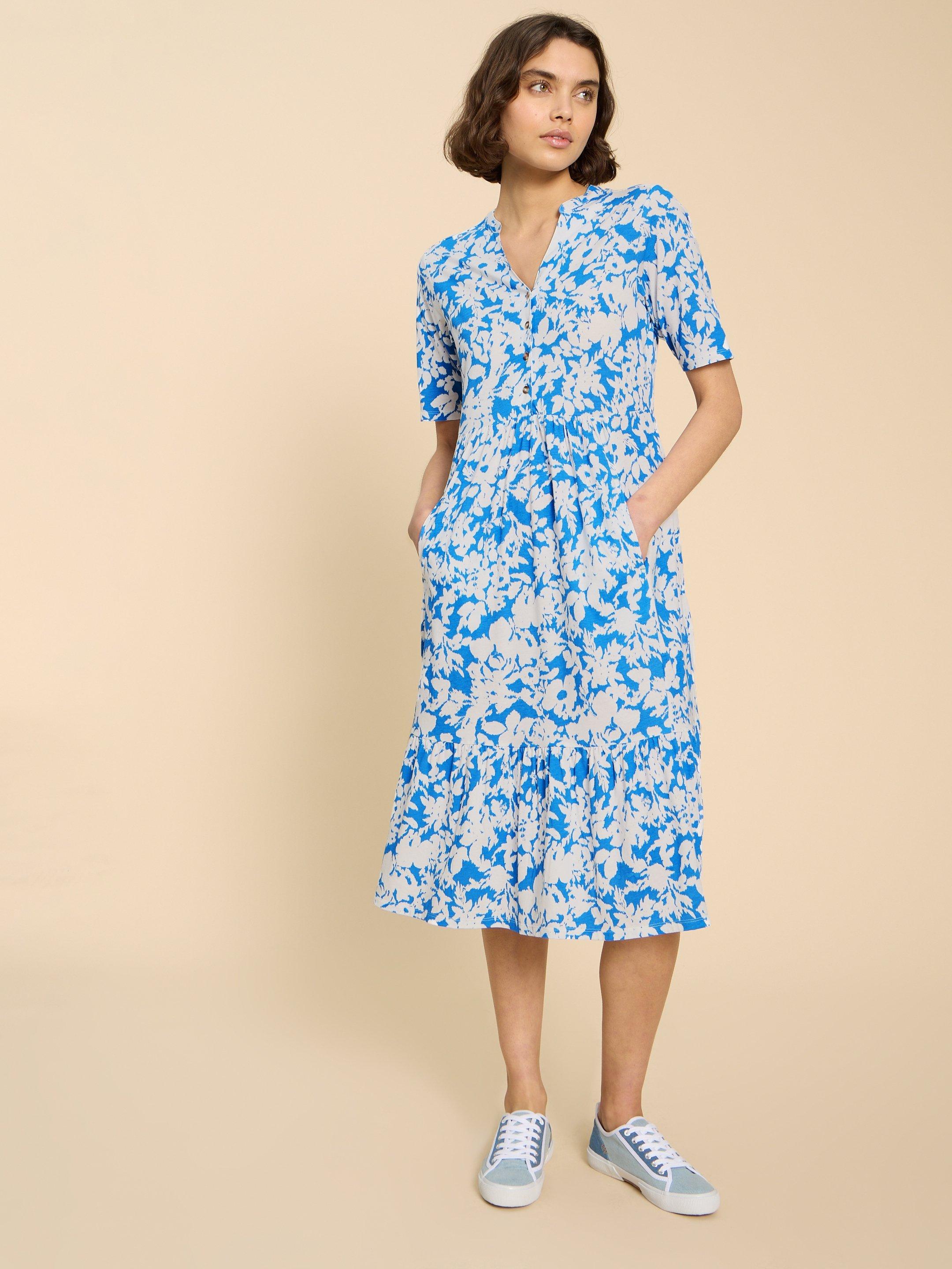 Naya Jersey Printed Tiered Dress in BLUE MLT - MODEL FRONT