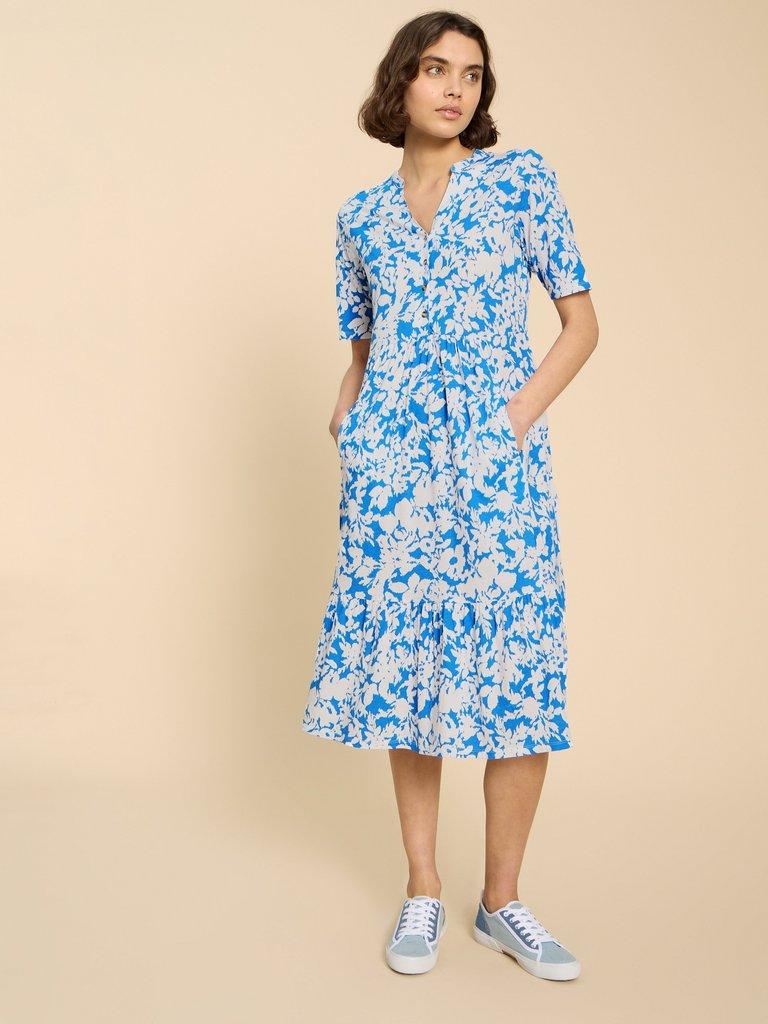 Naya Jersey Printed Tiered Dress in BLUE MLT - MODEL FRONT