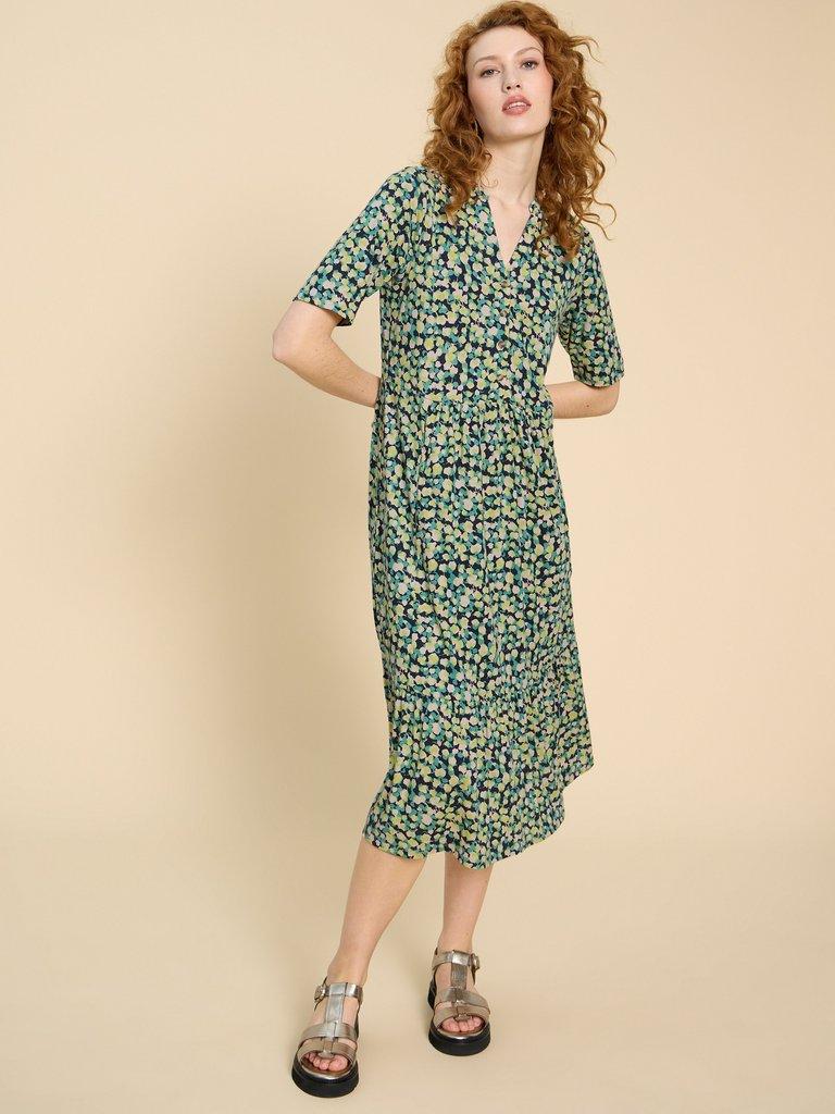 Naya Jersey Printed Tiered Dress in NAVY PR - MODEL FRONT