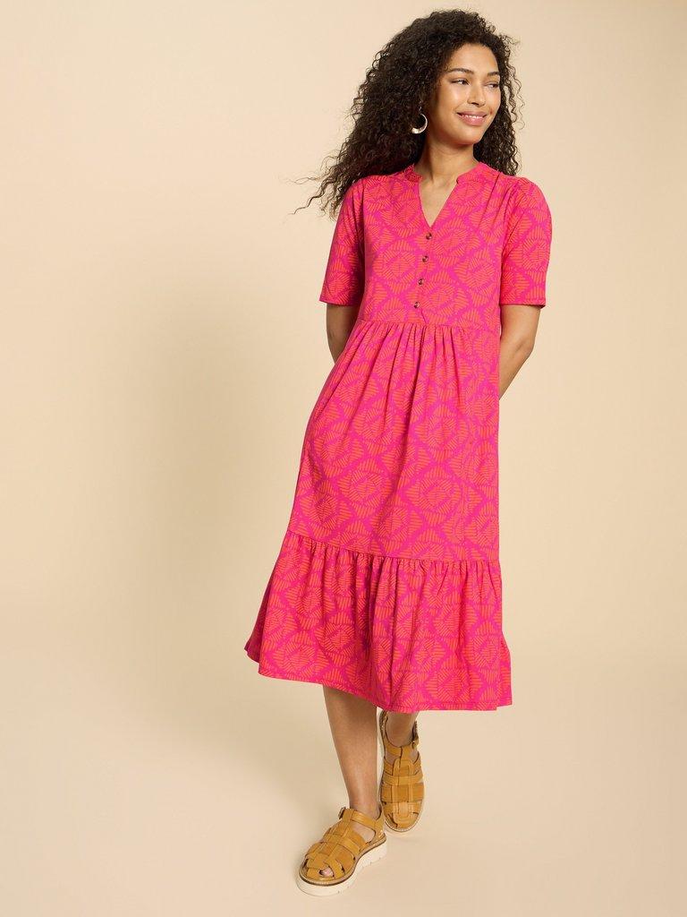 Naya Jersey Printed Tiered Dress in ORANGE PR - MODEL FRONT