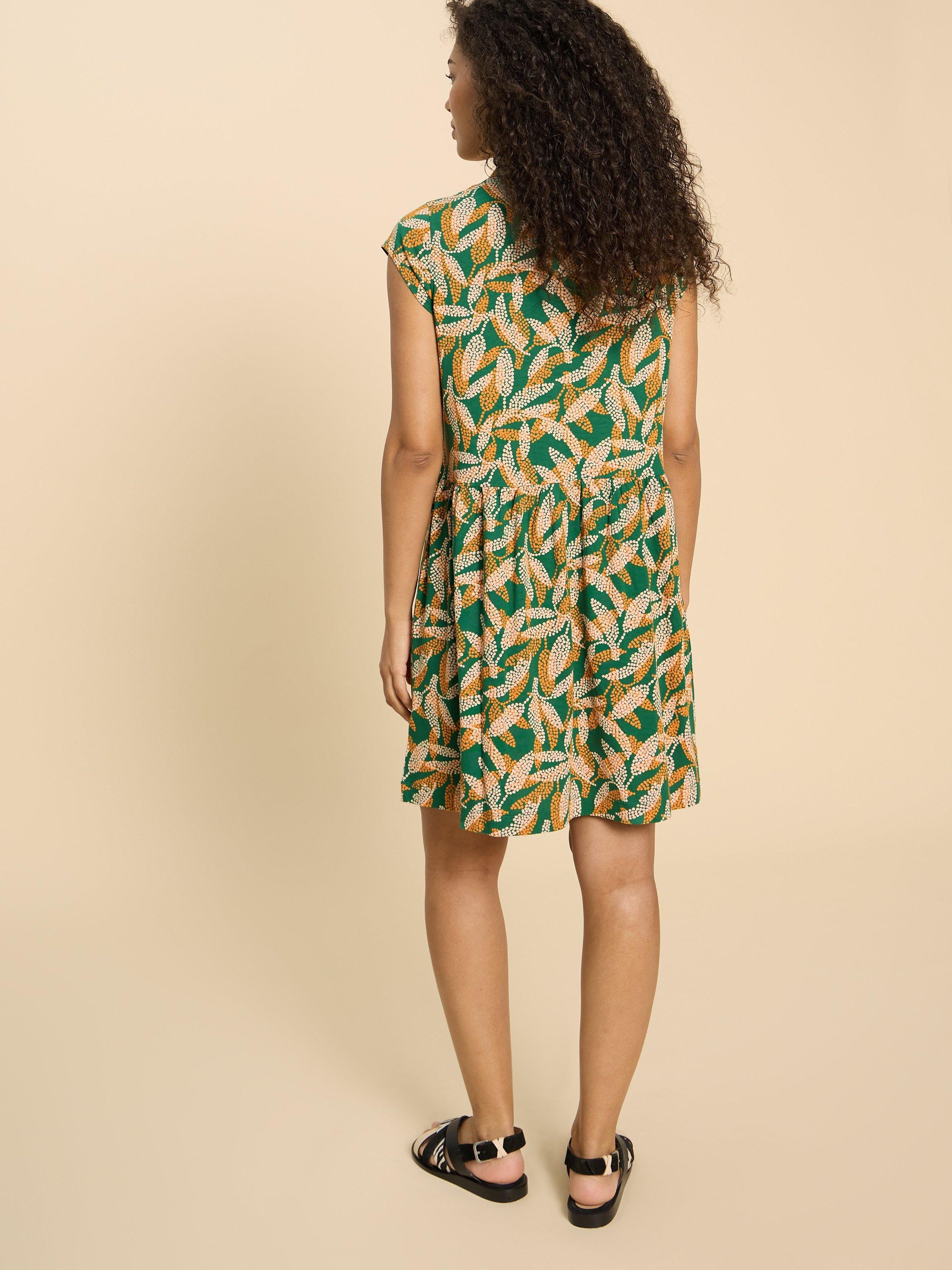 Everly Printed Jersey Shirt Dress in GREEN PR - MODEL BACK