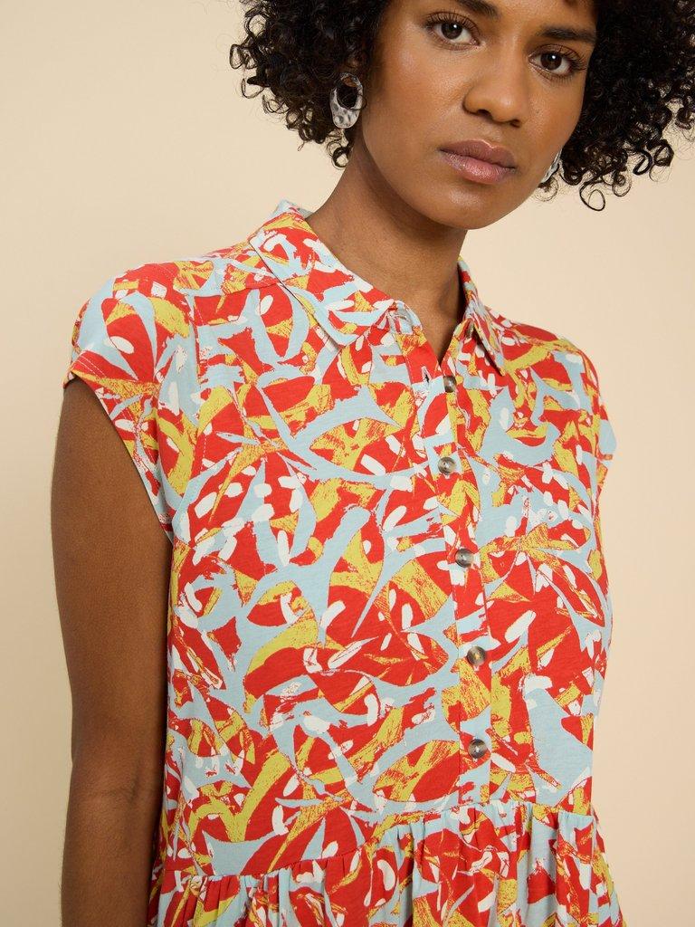 Everly Printed Jersey Shirt Dress in ORANGE PR - MODEL FRONT
