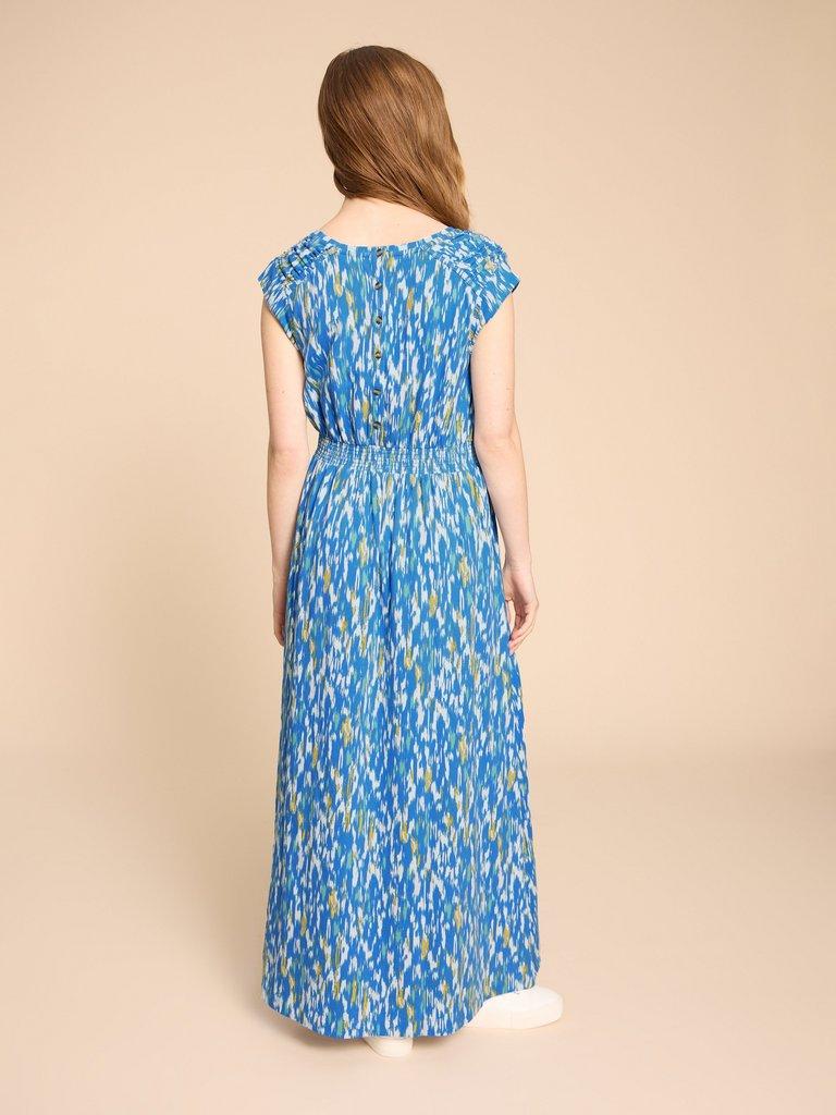 Darcie V Neck Maxi Printed Dress in BLUE PR - MODEL BACK