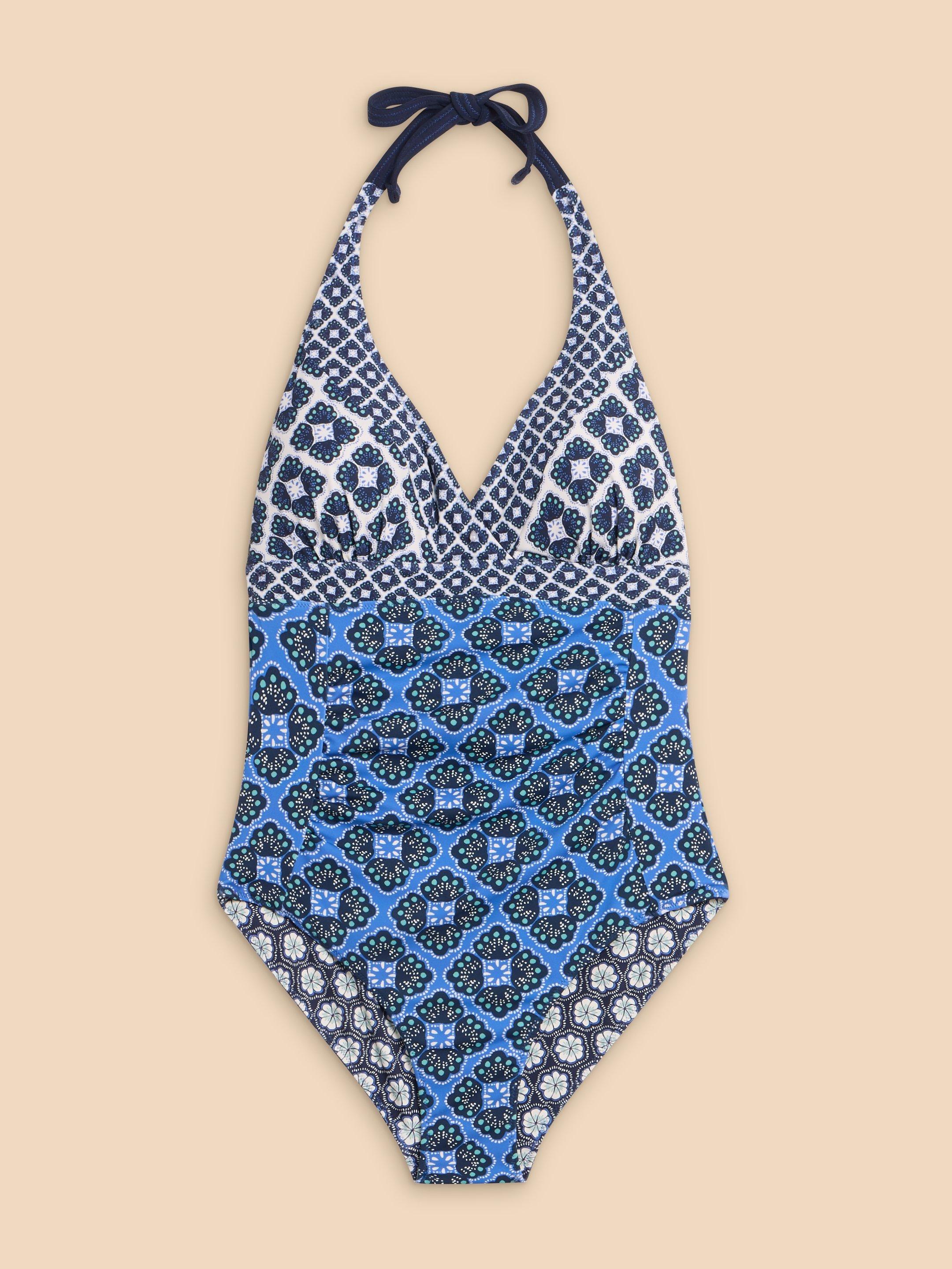 Sunshine Reversible Halter neck Swimsuit in NAVY MULTI - FLAT FRONT