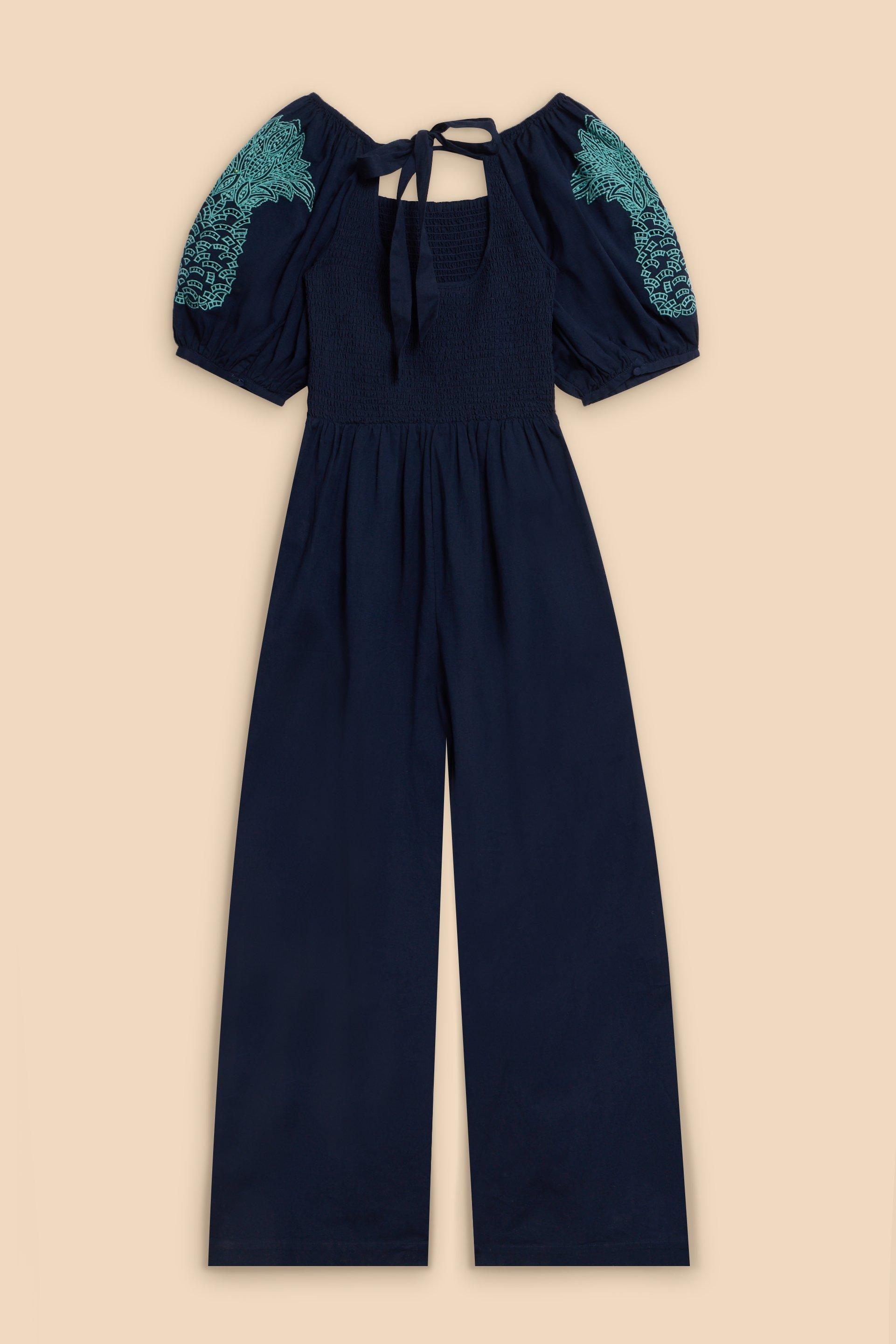 Reese Embroidered Jumpsuit in DARK NAVY - FLAT BACK