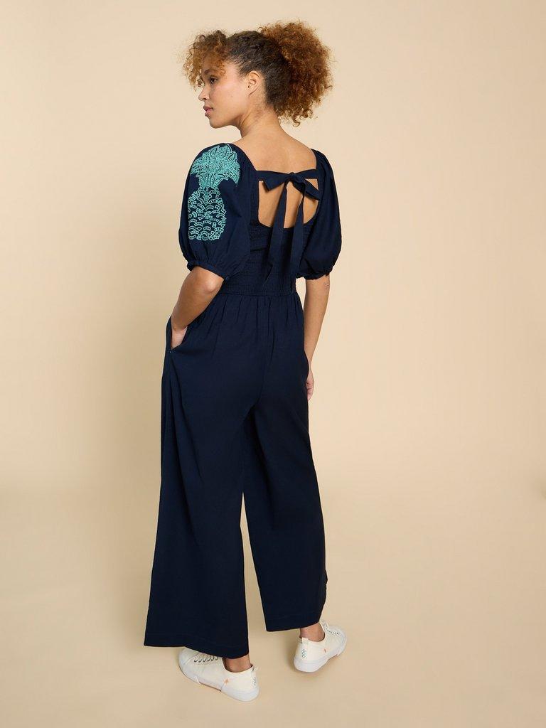 Reese Embroidered Jumpsuit in DARK NAVY - MODEL BACK