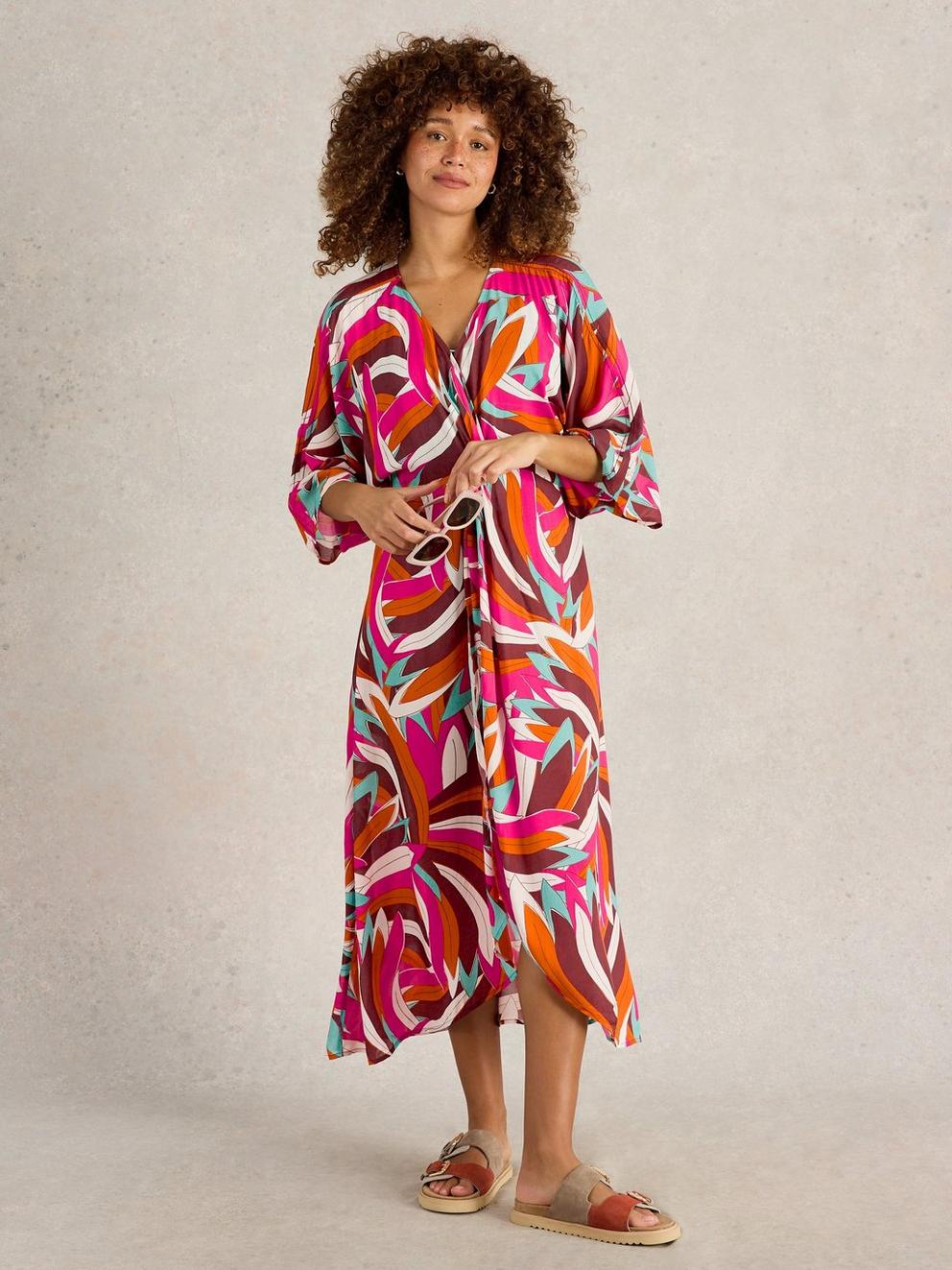 Cleo Printed Kimono in PINK PR - MODEL FRONT