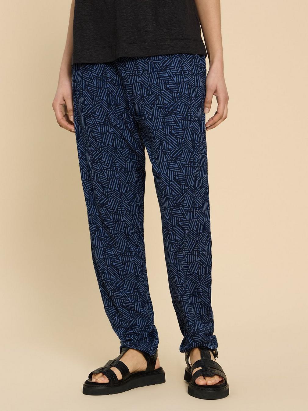 Maison Eco Vero Printed Jersey Trouser in NAVY PR - MODEL DETAIL