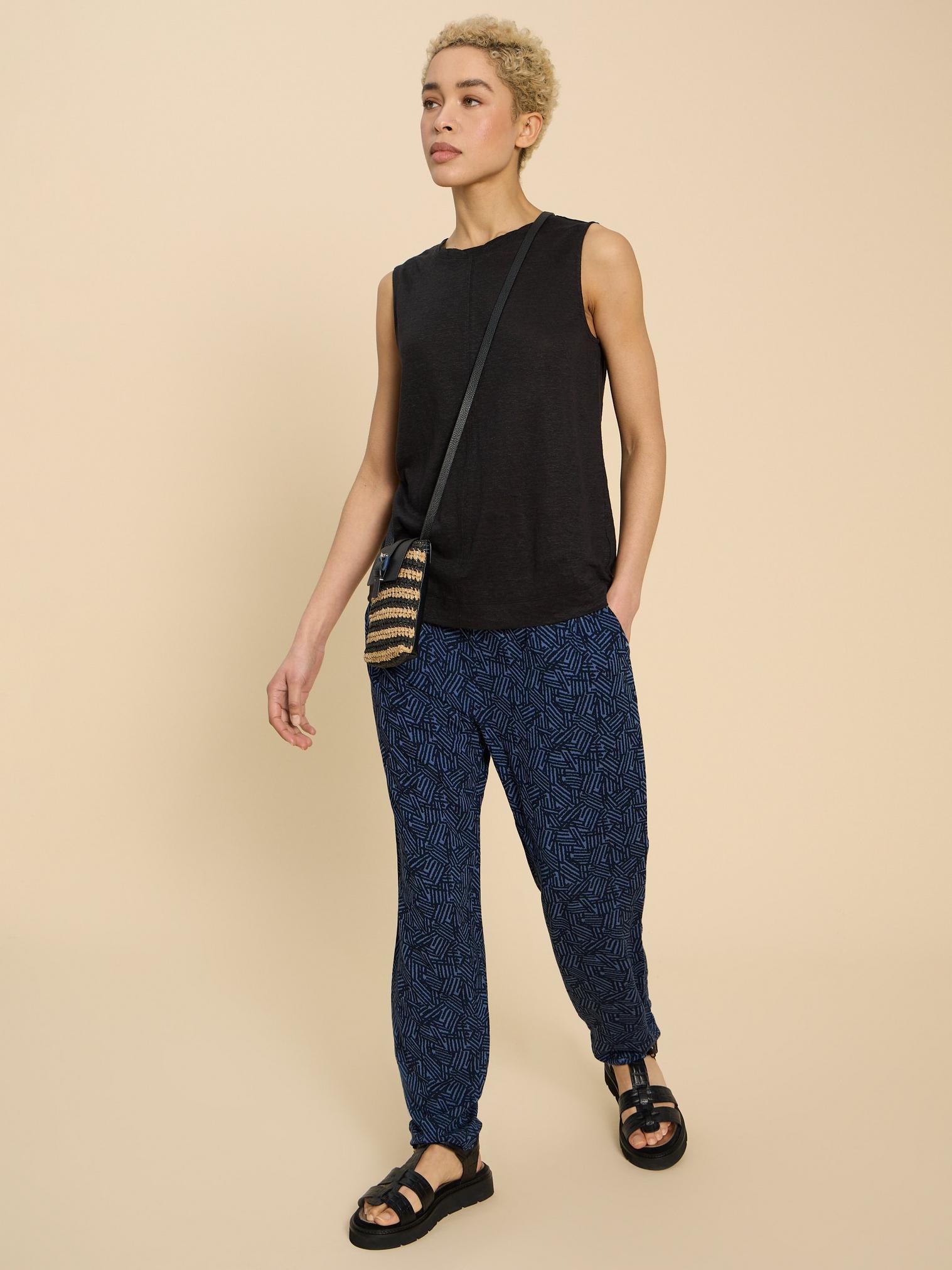 Maison Eco Vero Printed Jersey Trouser in NAVY PR - MODEL FRONT