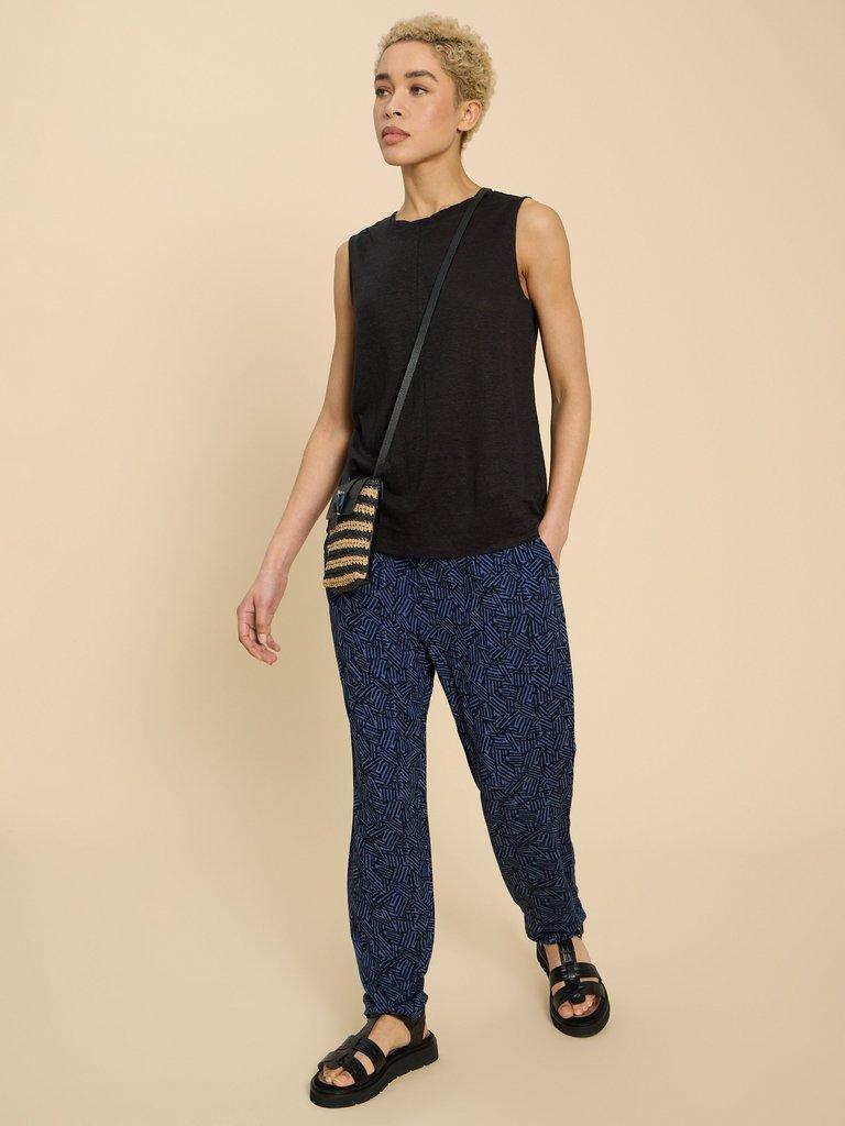 Maison Eco Vero Printed Jersey Trouser in NAVY PR - MODEL FRONT