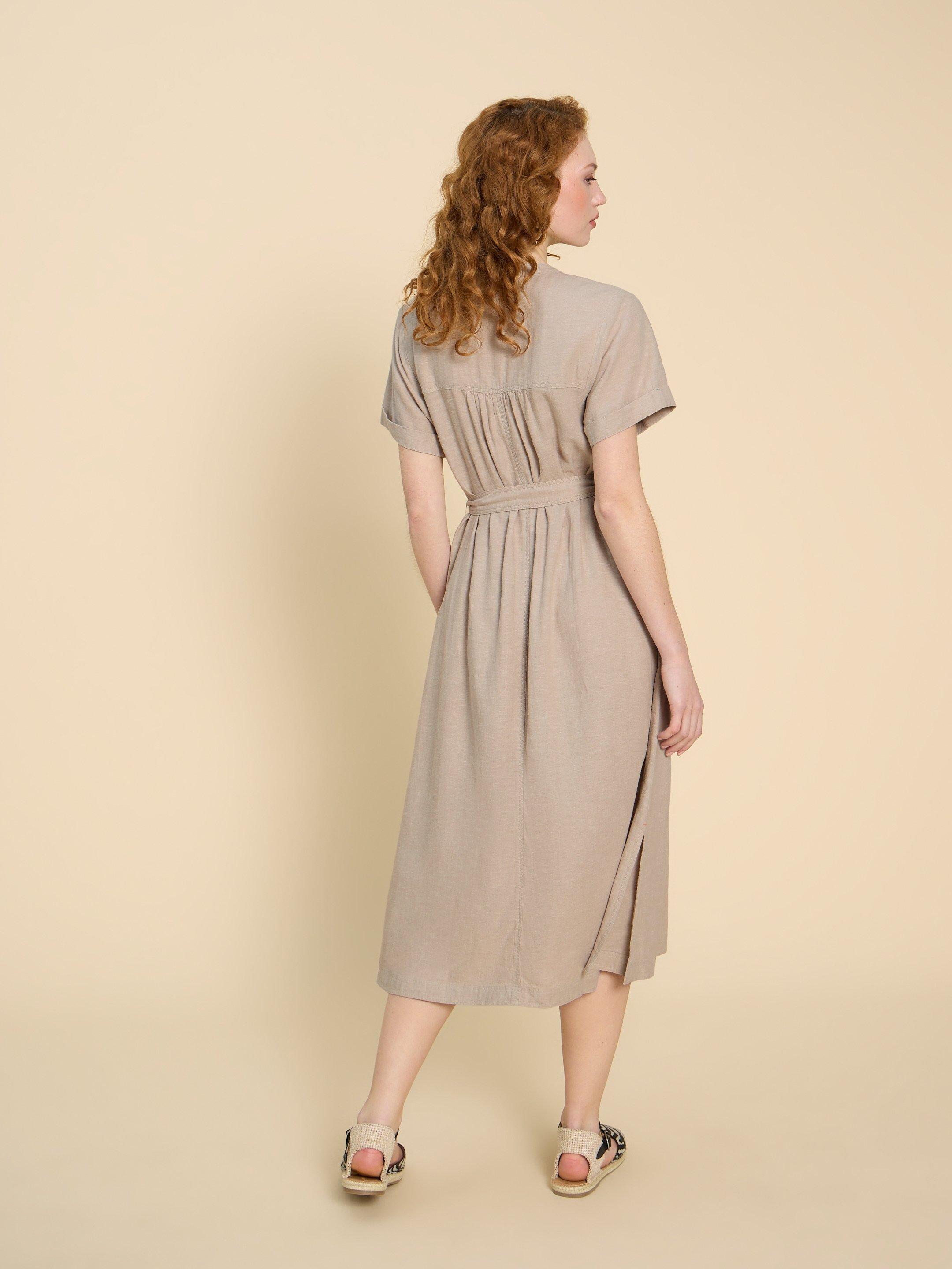 Hazel Linen Blend Shirt Dress in LGT NAT - MODEL BACK
