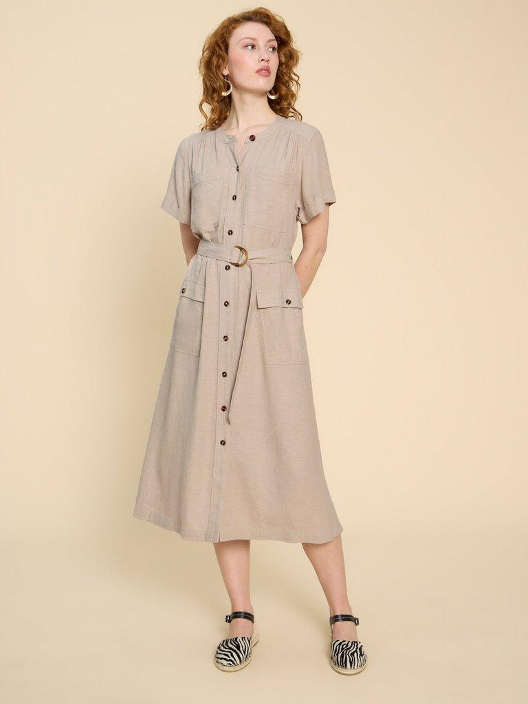 Hazel Linen Blend Shirt Dress in LGT NAT - MODEL FRONT