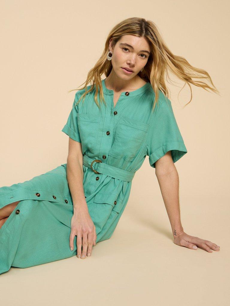 Hazel Linen Blend Shirt Dress in MID TEAL - LIFESTYLE