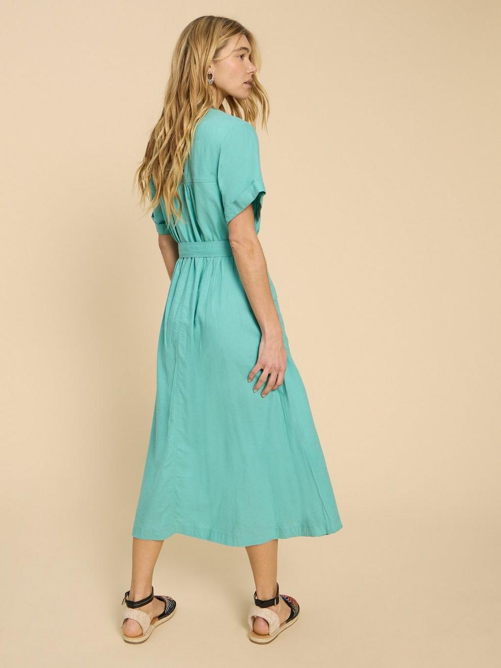 Hazel Linen Blend Shirt Dress in MID TEAL - MODEL BACK