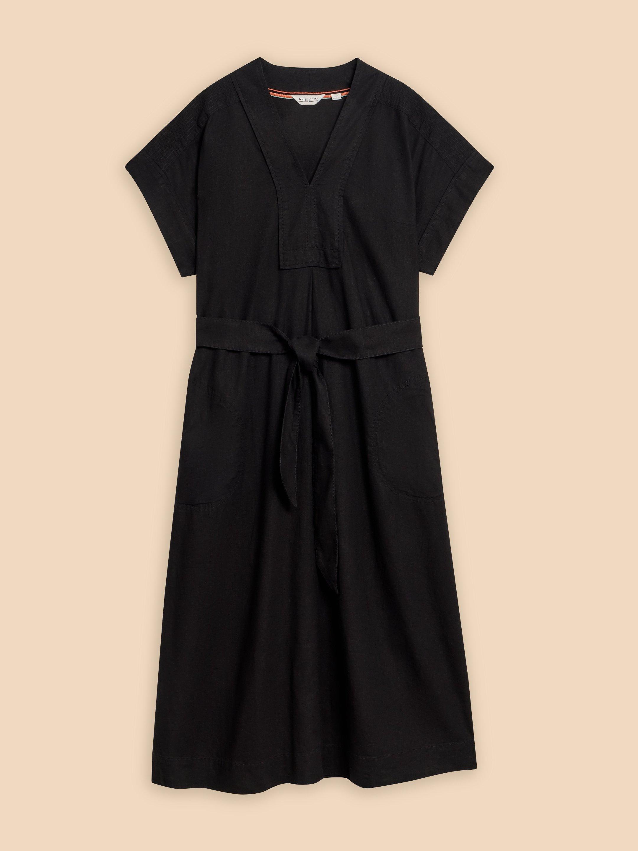 Marianne Linen Blend Dress in PURE BLK - FLAT FRONT