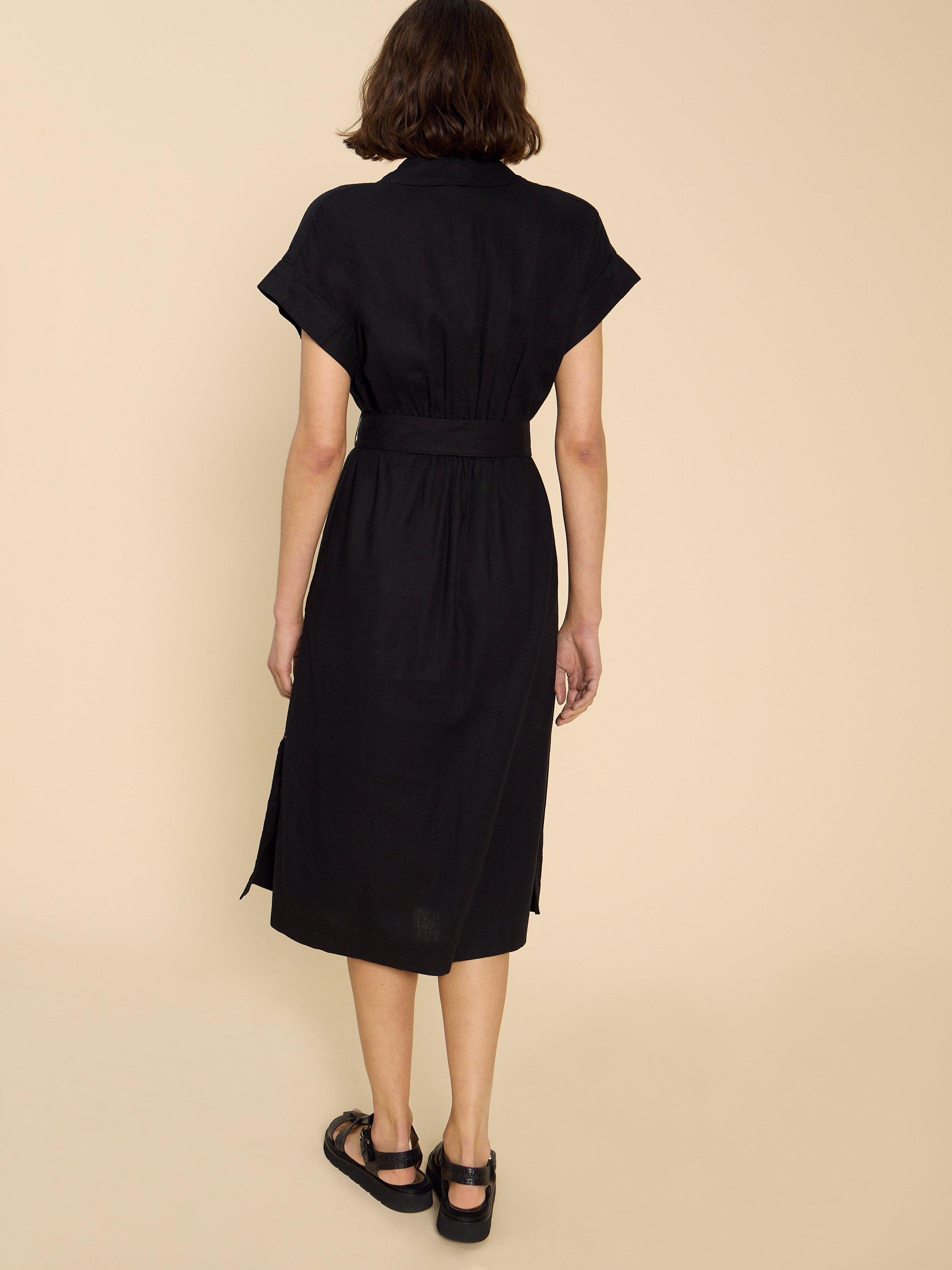 Marianne Linen Blend Dress in PURE BLK - MODEL BACK