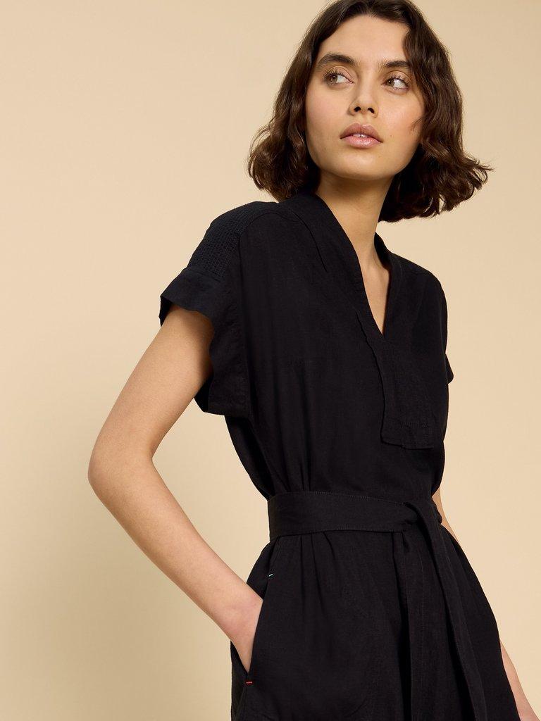 Marianne Linen Blend Dress in PURE BLK - MODEL DETAIL