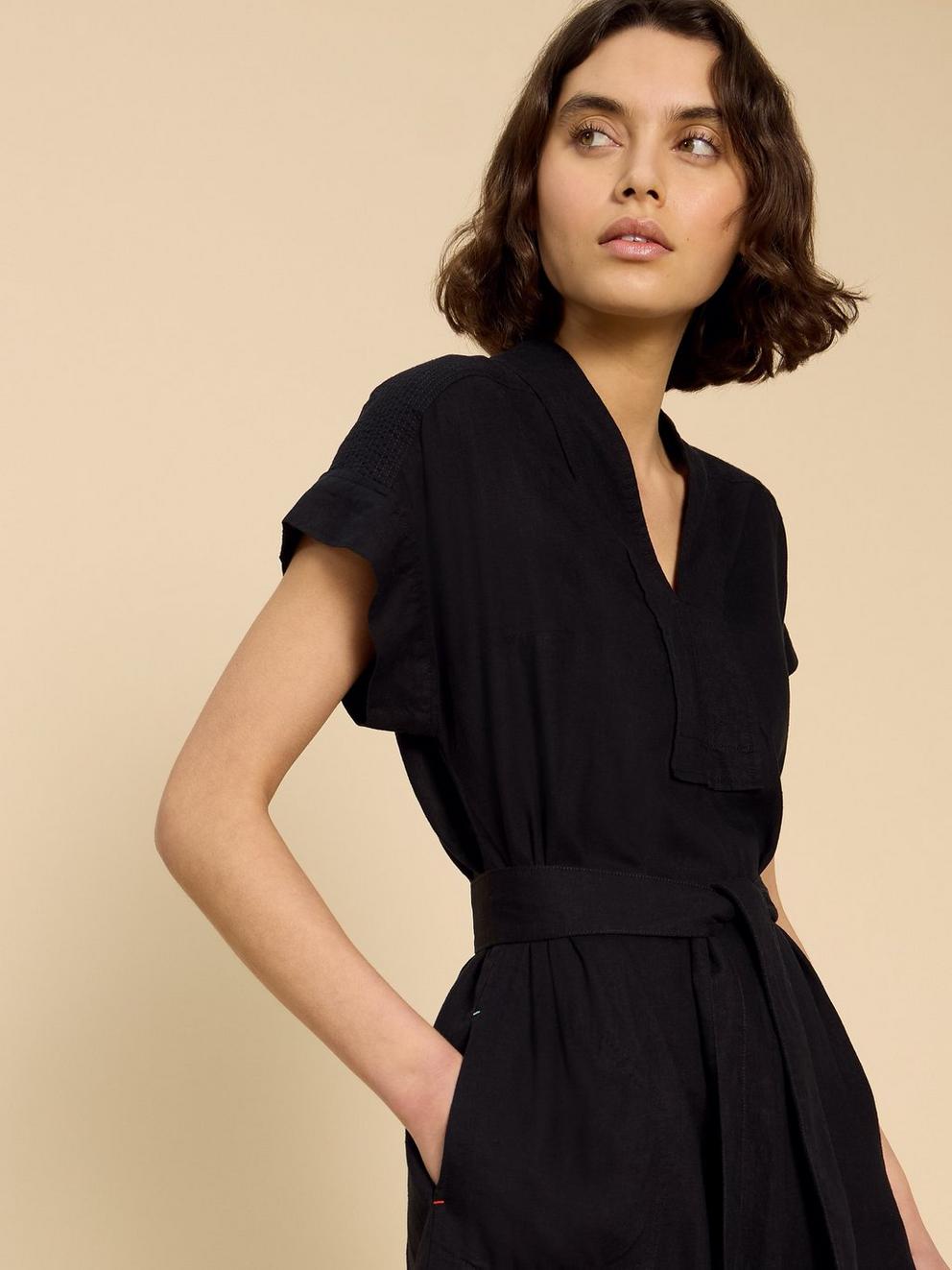 Marianne Linen Blend Dress in PURE BLK - MODEL DETAIL