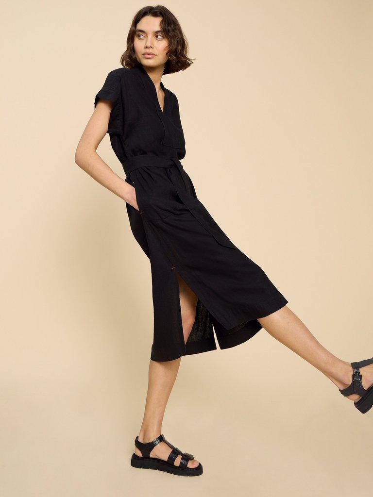 Marianne Linen Blend Dress in PURE BLK - MODEL FRONT