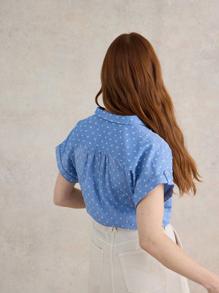 Ellie Organic Cotton Shirt in BLUE MLT - MODEL BACK