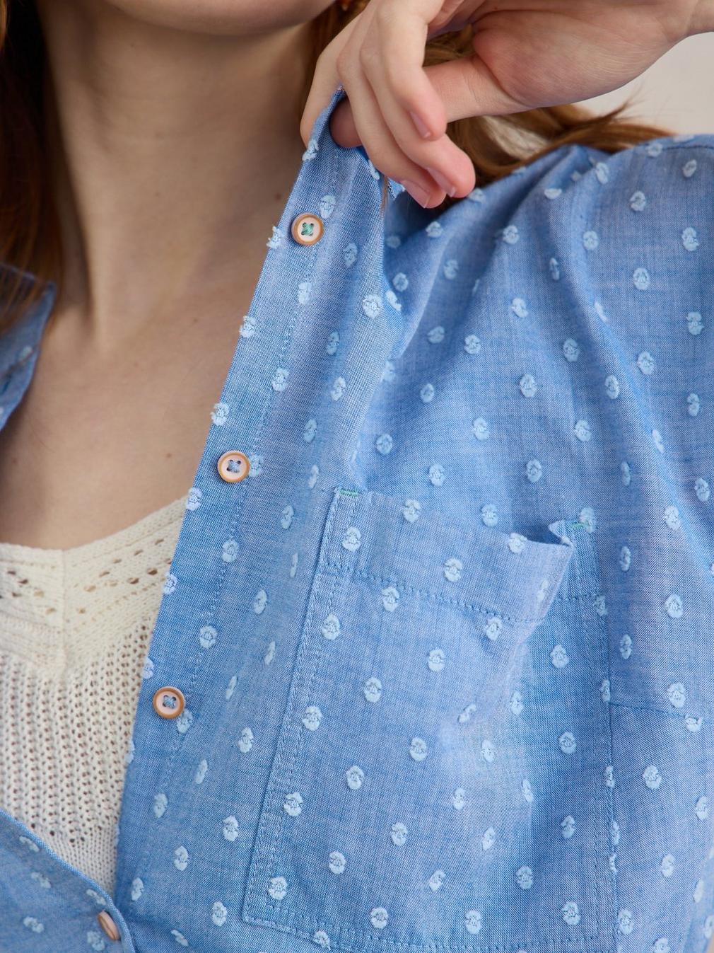 Ellie Organic Cotton Shirt in BLUE MLT - MODEL DETAIL