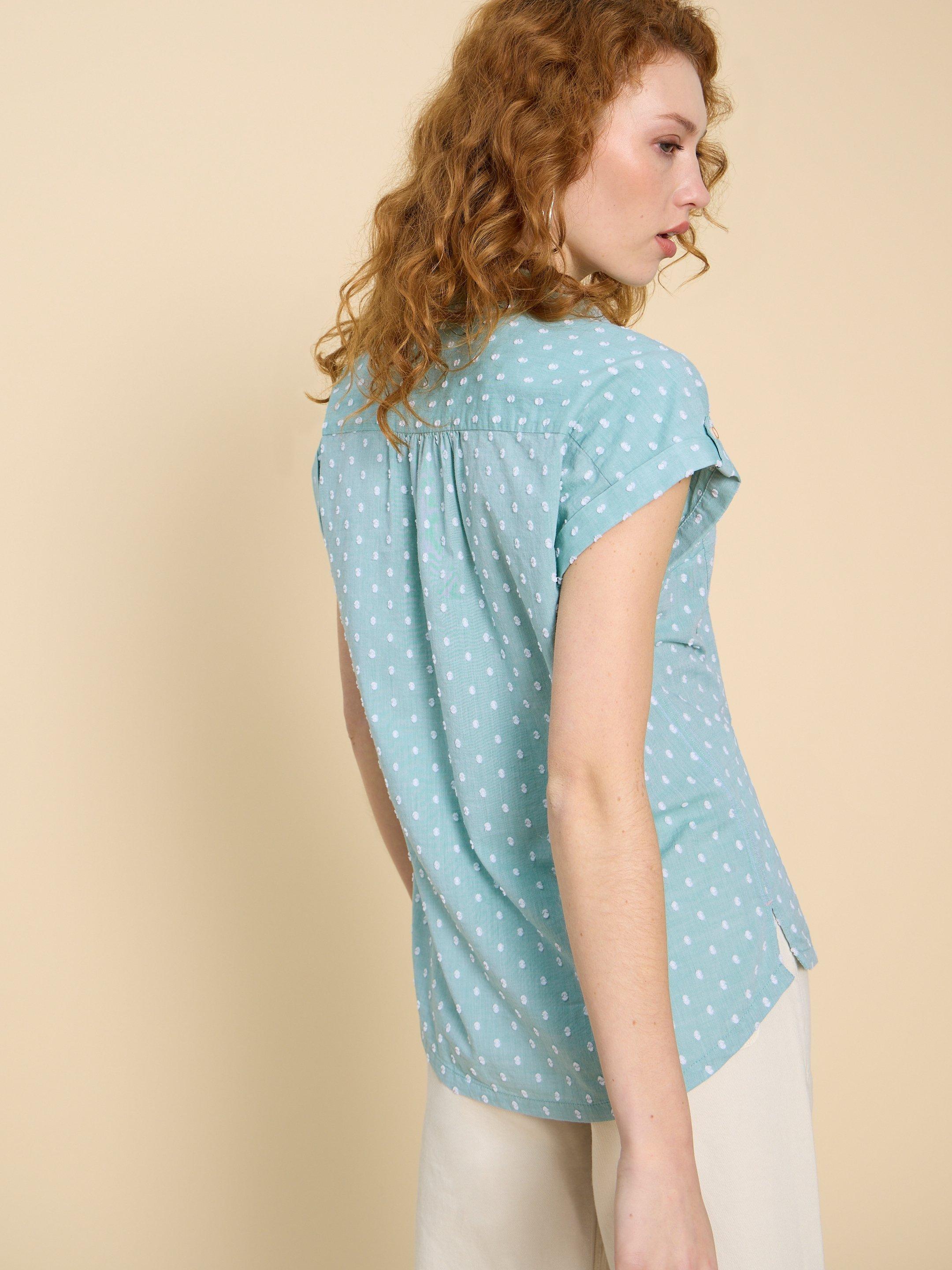 Ellie Organic Cotton Shirt in GREEN MLT - MODEL BACK