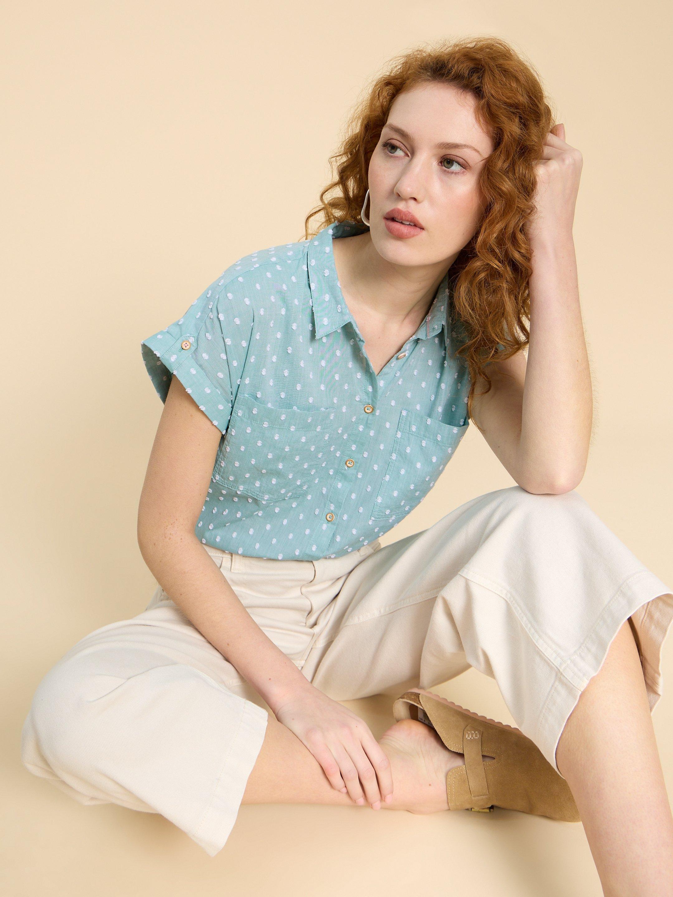 Ellie Organic Cotton Shirt in GREEN MLT - MODEL FRONT