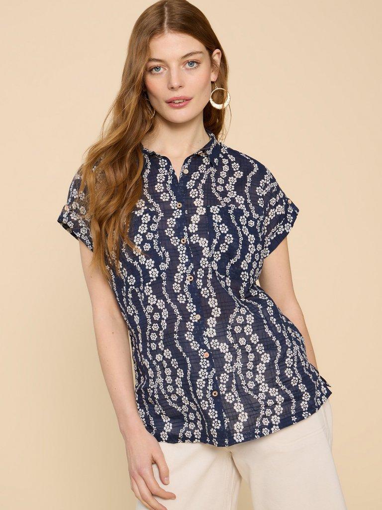 Ellie Organic Cotton Shirt in NAVY PR - MODEL DETAIL