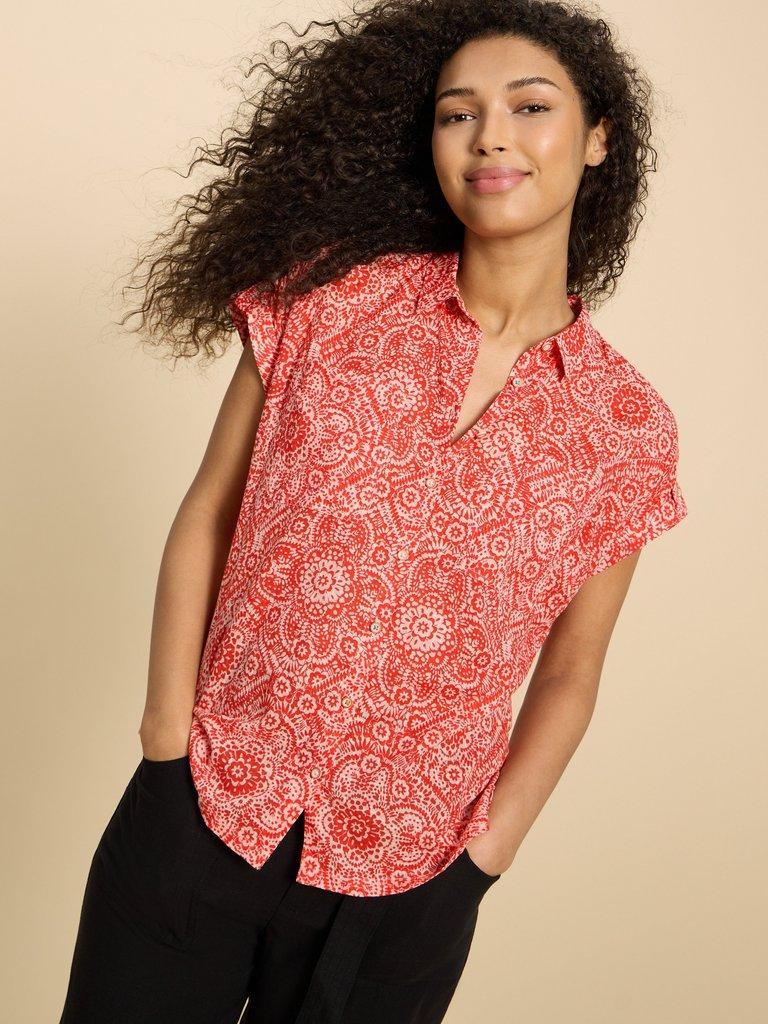 Ellie Organic Cotton Shirt in ORANGE PR - MODEL FRONT