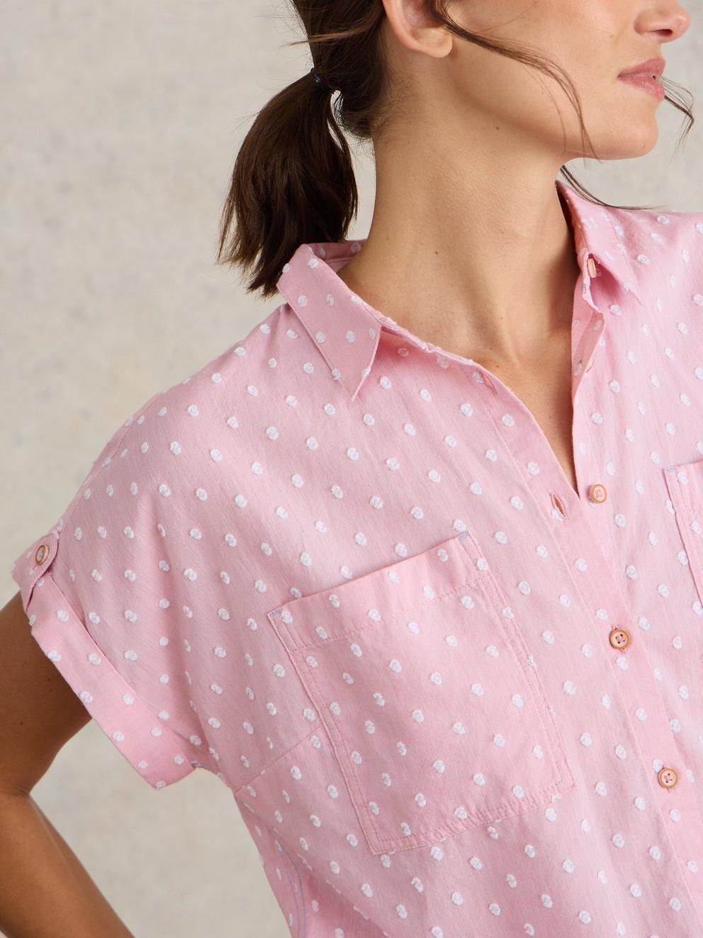 Ellie Organic Cotton Shirt in PINK MLT - MODEL DETAIL