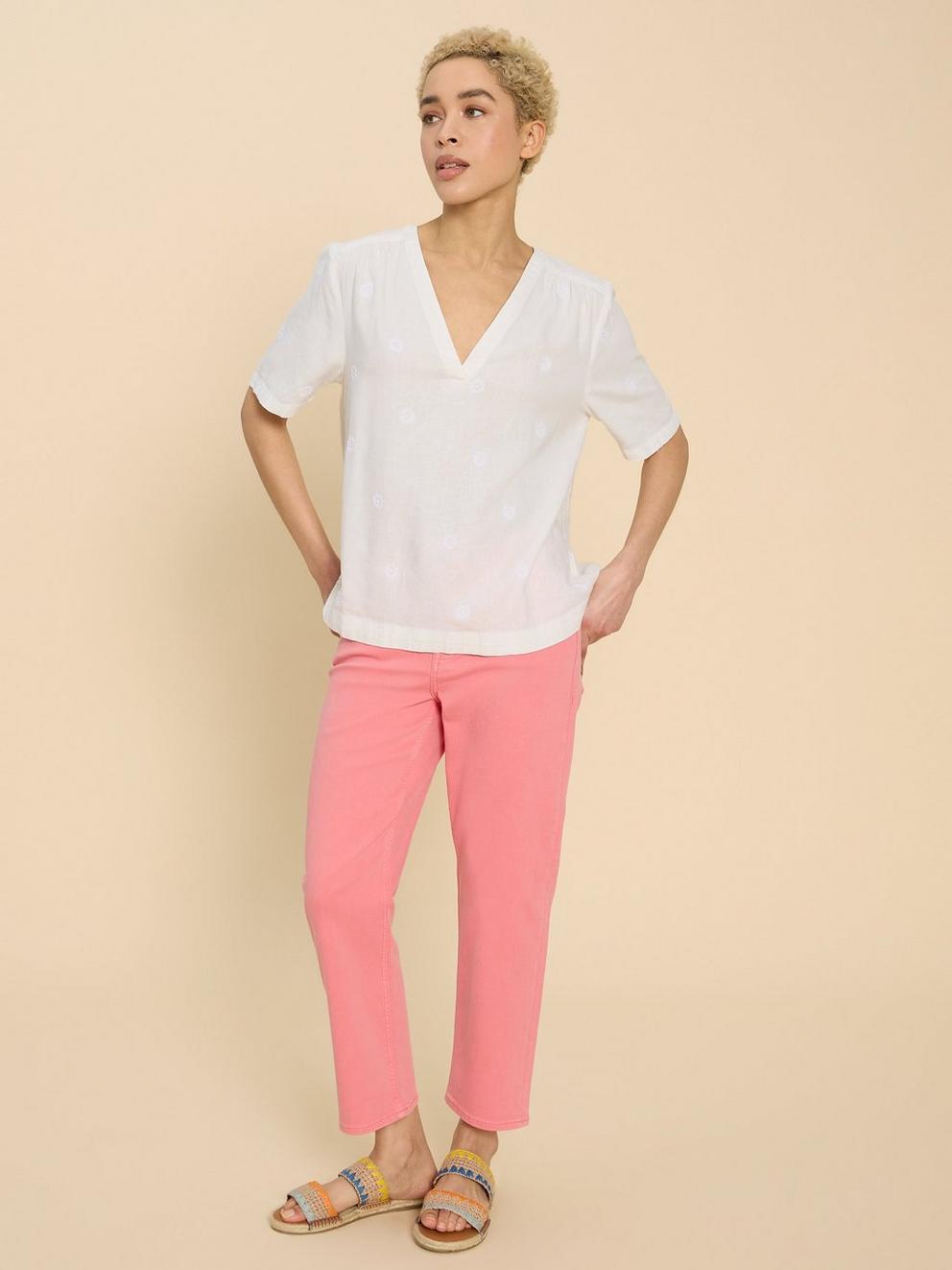 Elodie Linen Blend Top in NAT WHITE - MODEL FRONT