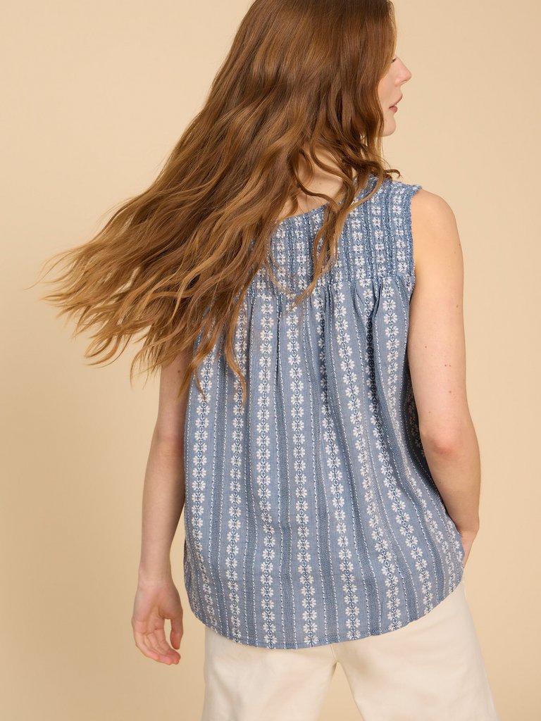 Rhiannon Organic Cotton Vest in BLUE MLT - MODEL BACK