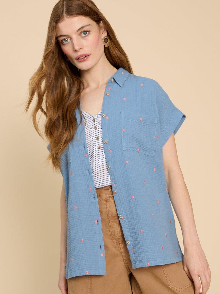 Emma Double Cloth Shirt in BLUE MLT - MODEL DETAIL