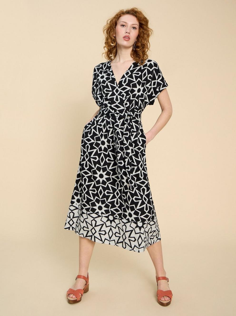 Sophie Linen Blend Wrap Dress in BLK PR - MODEL DETAIL