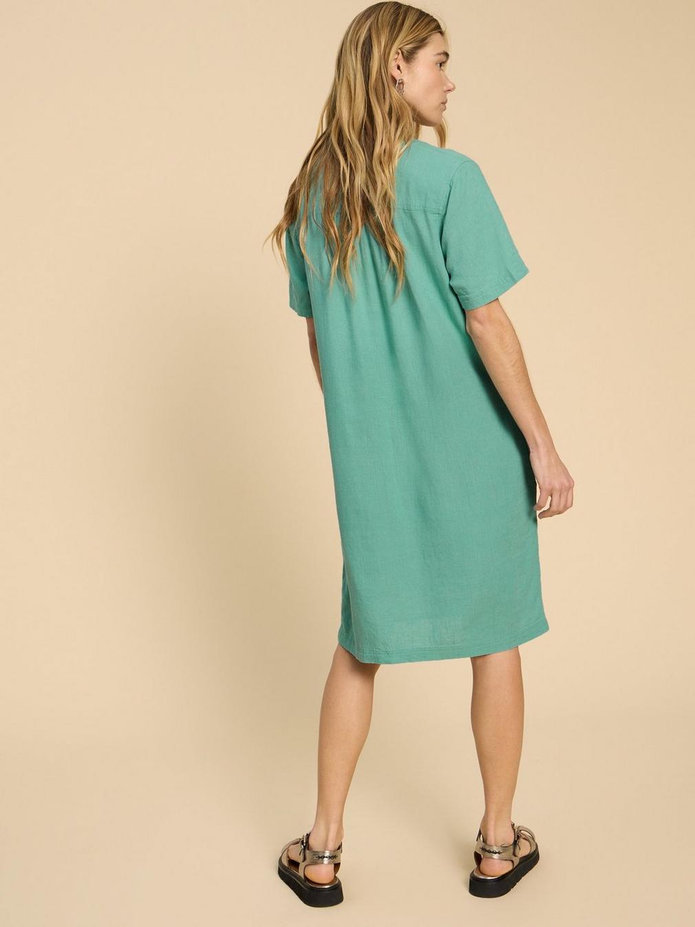 Lydia Shift Dress in MID TEAL - MODEL BACK