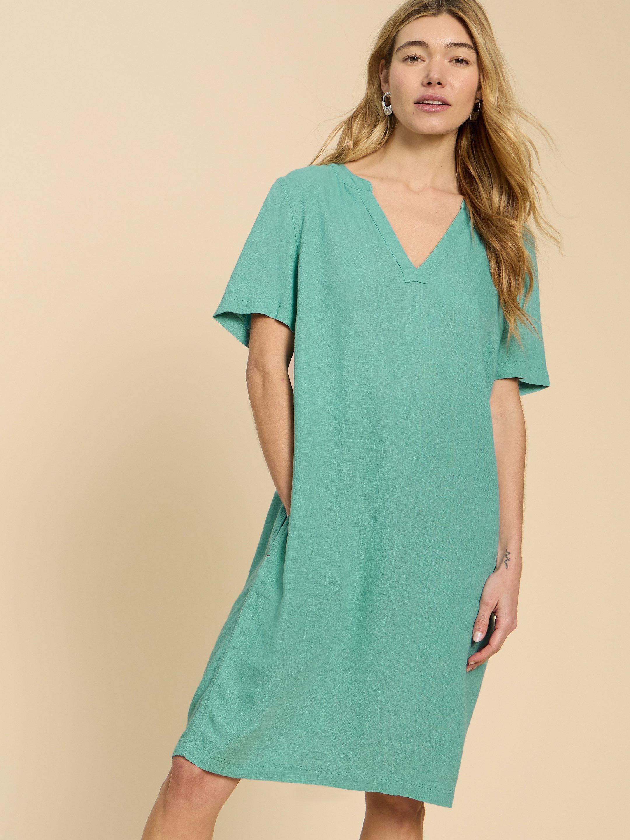 Lydia Shift Dress in MID TEAL - MODEL FRONT