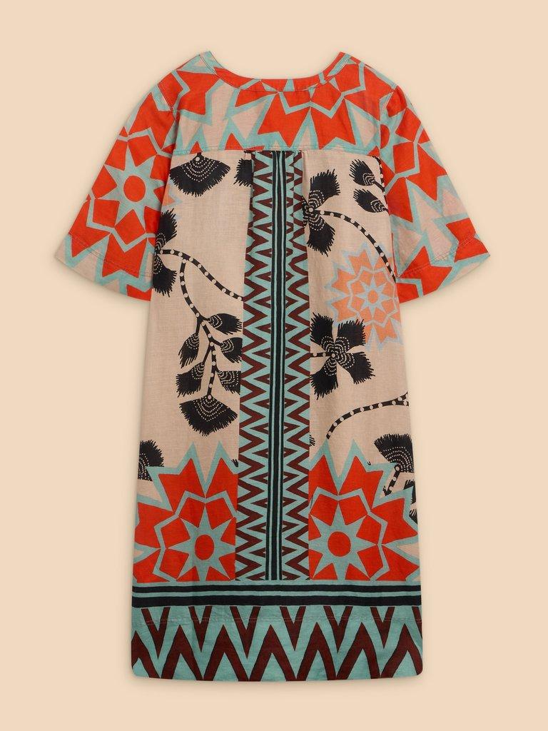 June Linen Printed Notch Neck Dress in NAT MLT - FLAT BACK