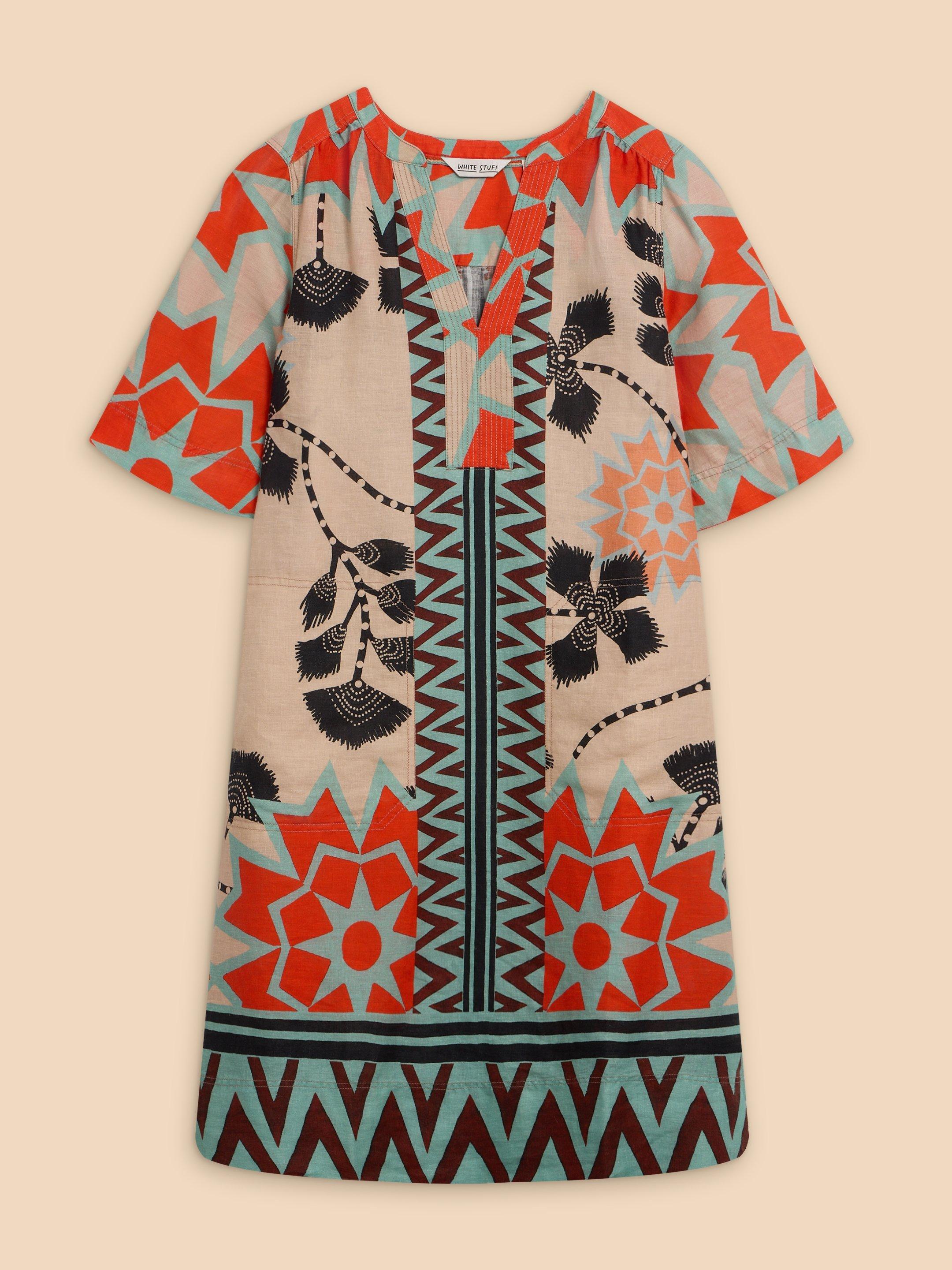 June Linen Printed Notch Neck Dress in NAT MLT - FLAT FRONT