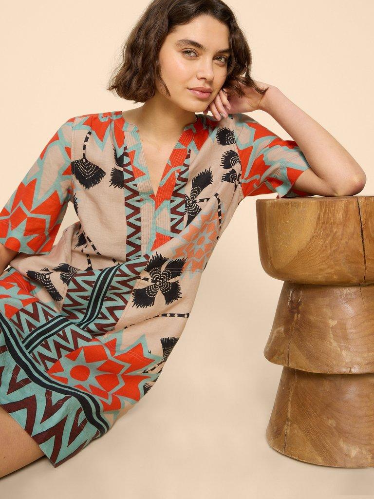 June Linen Printed Notch Neck Dress in NAT MLT - LIFESTYLE