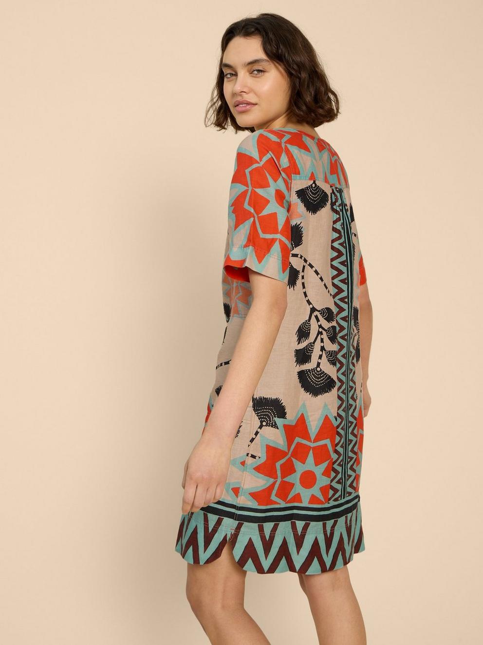 June Linen Printed Notch Neck Dress in NAT MLT - MODEL BACK