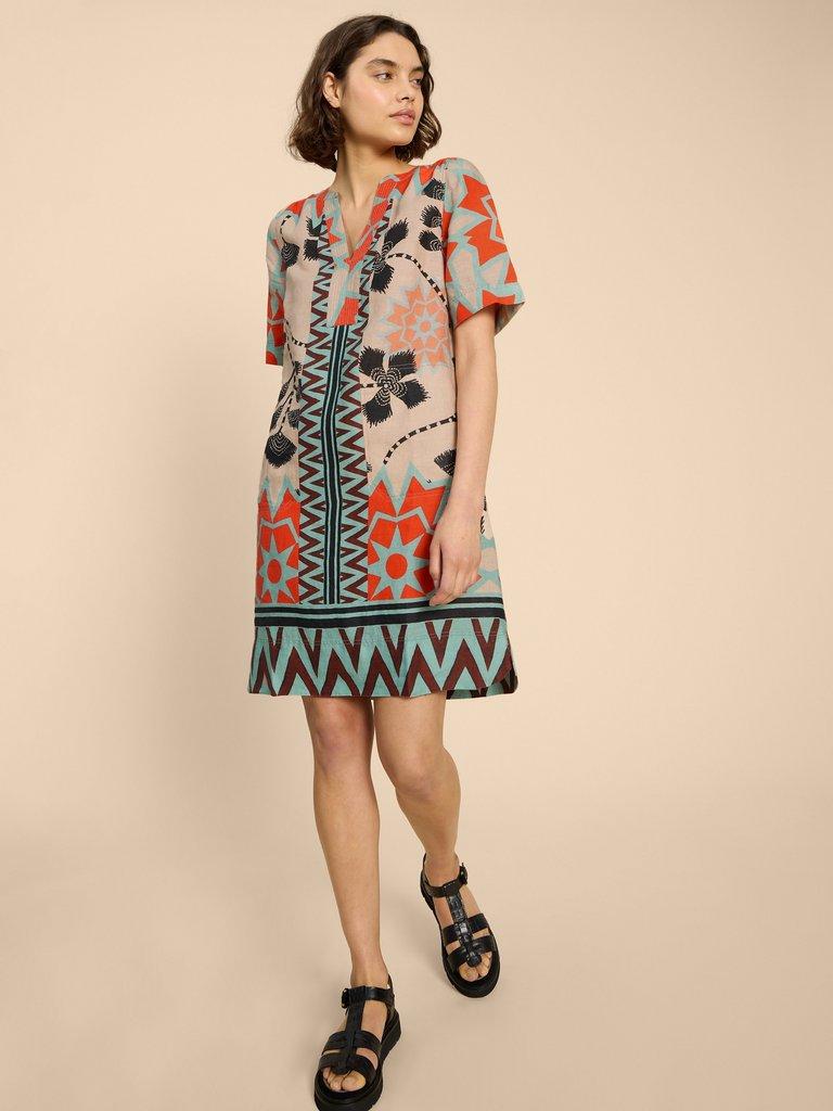 June Linen Printed Notch Neck Dress in NAT MLT - MODEL DETAIL