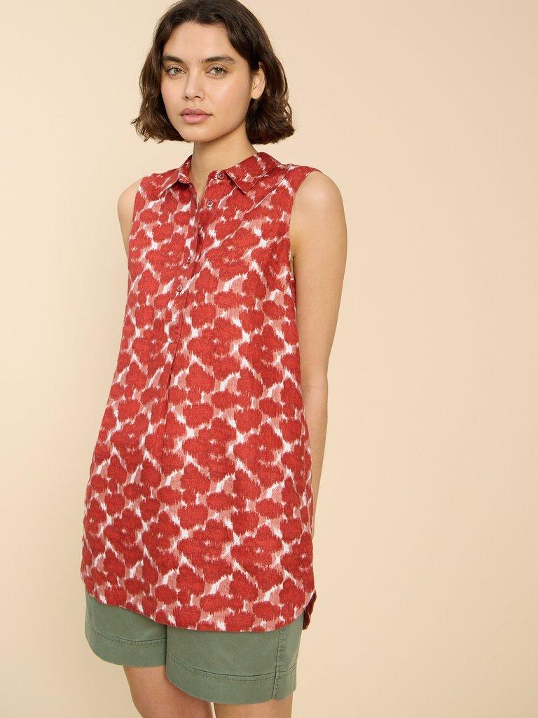 Evelyn Sleeveless Linen Tunic in RED PR - MODEL FRONT