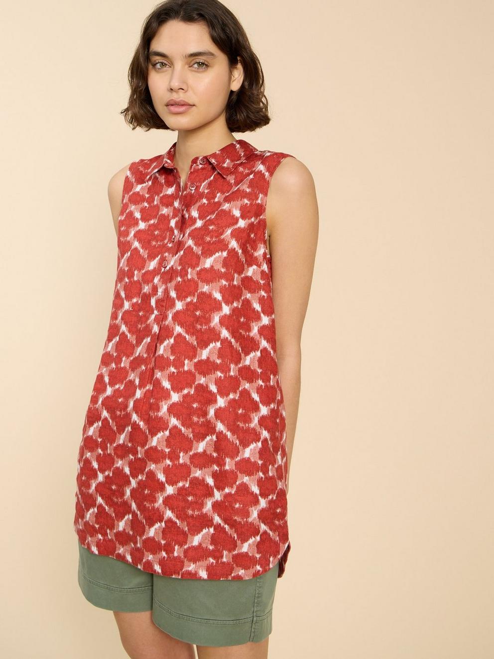 Evelyn Sleeveless Linen Tunic in RED PR - MODEL FRONT