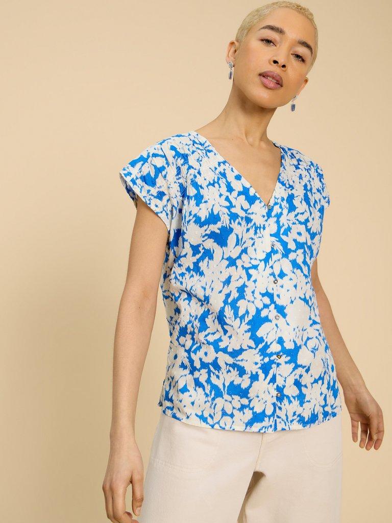 Rae Organic Cotton Vest in BLUE MLT - MODEL FRONT