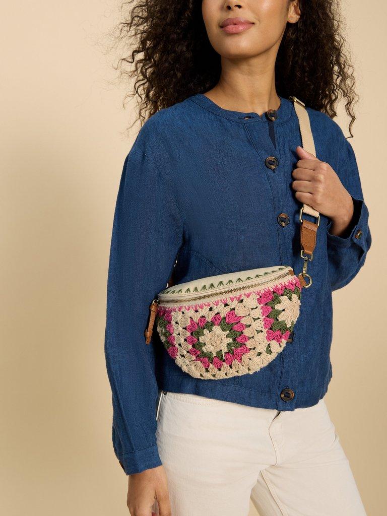 Sebby Mini Crochet Sling Bag in NAT MLT - MODEL FRONT