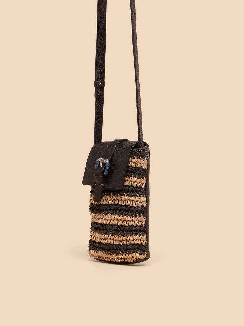 Clara Buckle Raffia Phone Bag in BLK MLT - FLAT FRONT