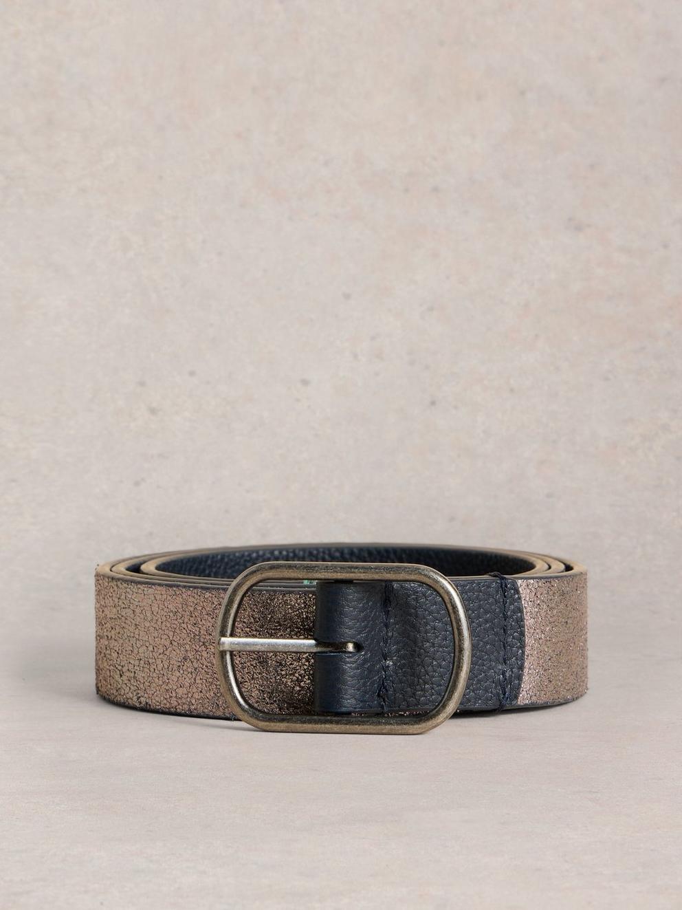 Reversible Belt Leather in PEWTER MET - FLAT FRONT